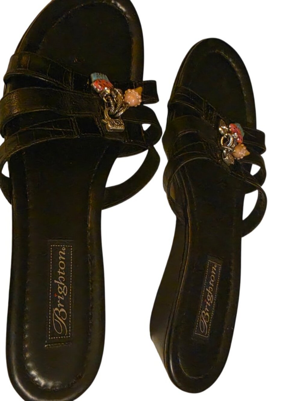 Rare Vintage Brighton Charm Embellished Womens Black Leather Sandals Sz 8.5 M.